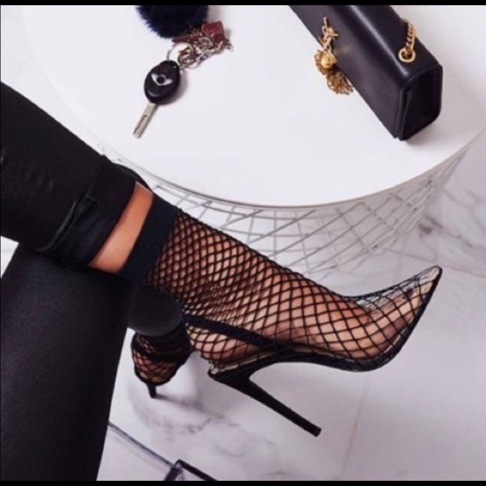 Fishnet Slingback Pointed Toe Pumps Black Heels